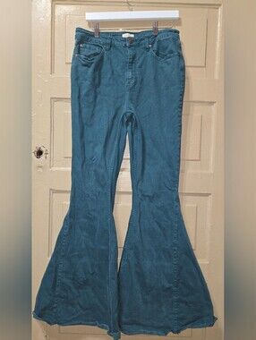 Shyanne Dark Teal Super Flare Raw Hem Bell Bottom Jeans Size: 34Wx36L